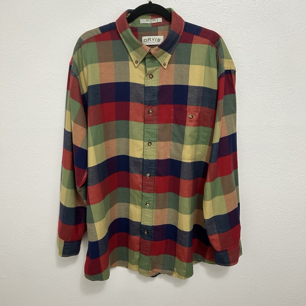 Vintage Orvis Shirt Mens Size XL Colorful Plaid Multicolor Long Sleeve Button Up